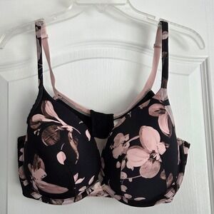 Cacique Black Pink Floral Print Smooth Boost‎ Plunge Bra Padded Underwire Sz 42D